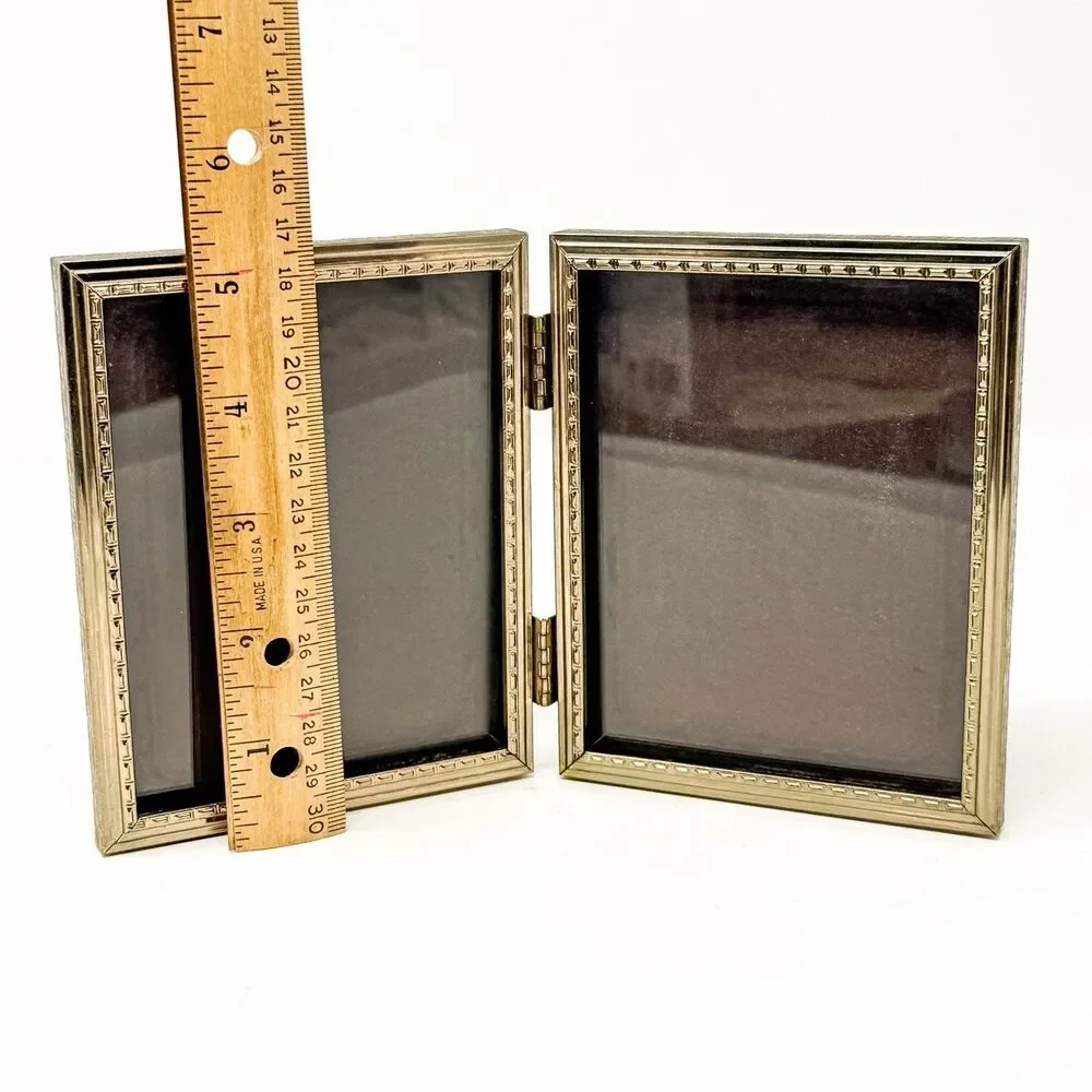 Vintage Gold Tone Double Picture Frame Hinged Folding Hollywood Regency 3.5x5